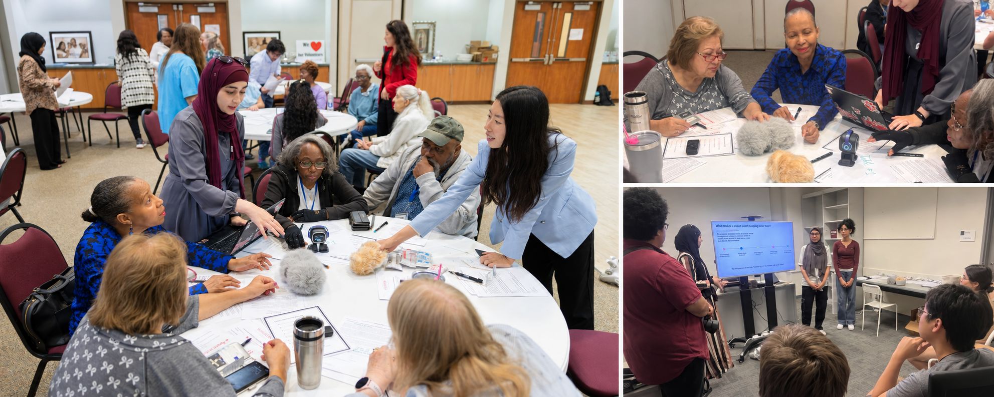 Three-photo collage of community participants and researchers exploring companion robots around workshop tables.